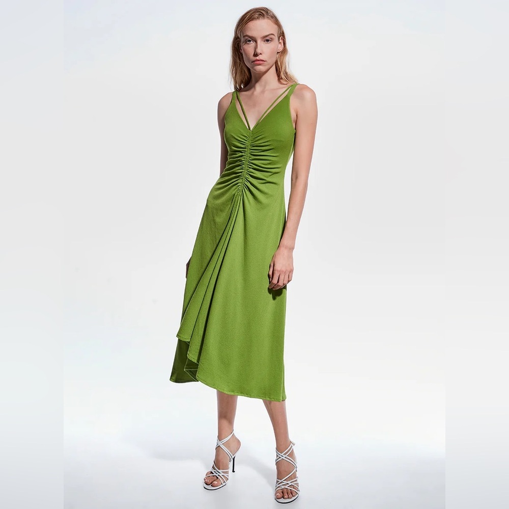 AS by DF Maddy Green Jersey Crepe Strappy V-Neck Waterfall Hem Dress EUC Size XS
